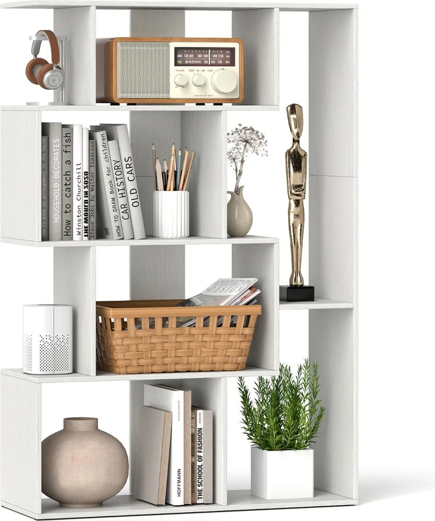 Estante em forma de S com 4 níveis, 6 compartimentos abertos e 2 dispositivos antiderrapantes para escritório ou estúdio, 80 x 30 x 119 cm, branco