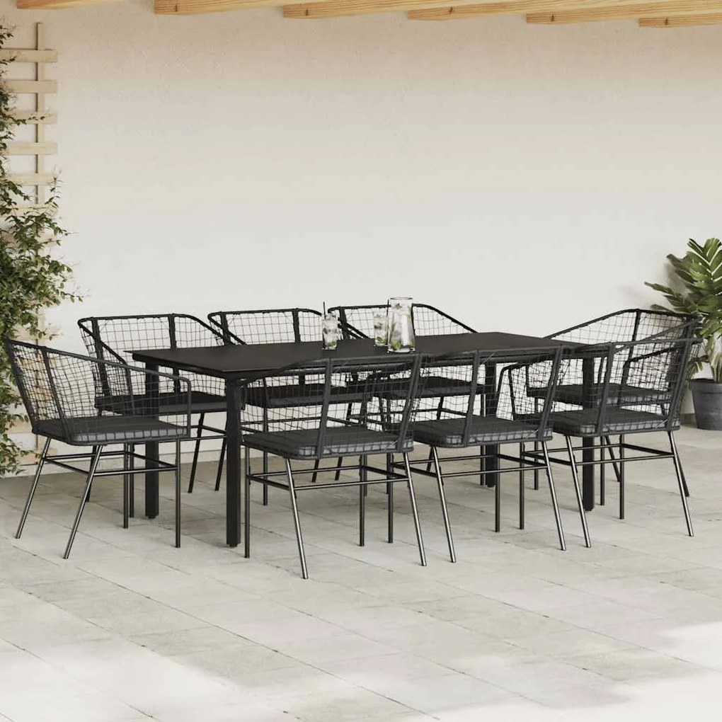 Conjunto de jantar jardim 9 peças almofadas vidro vime PE preto