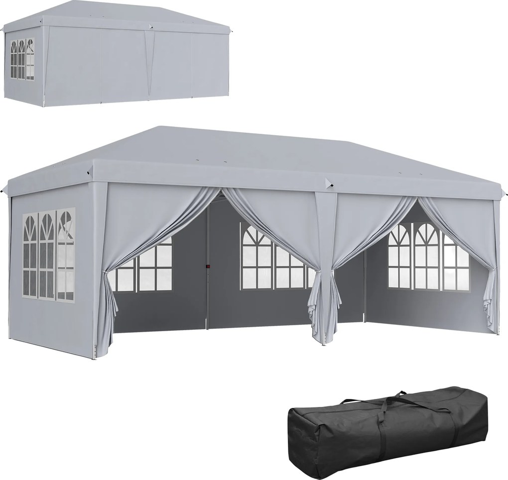 Outsunny Toldo barnum dobrável pop-up 6 x 3 x 2,7 m 4 paredes laterais removíveis 4 janelas bolsa de transporte cinza claro | Aosom Portugal