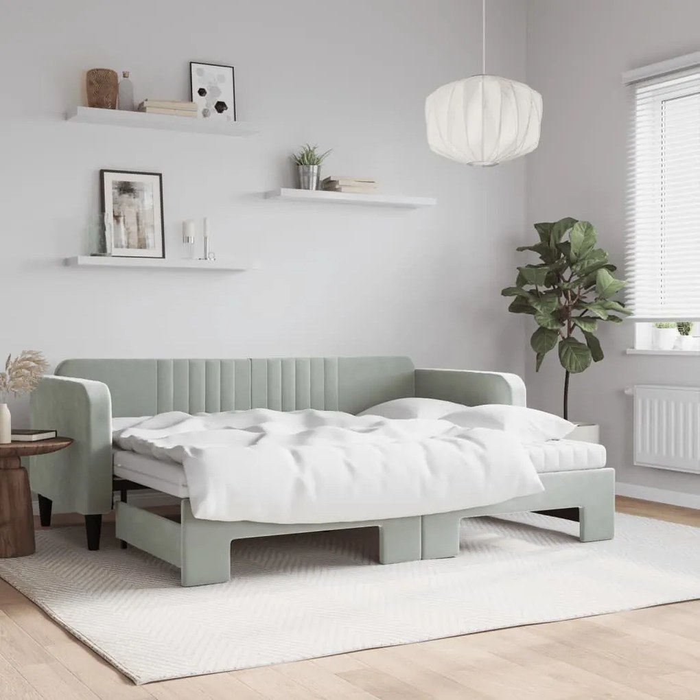 vidaXL Sofá-cama c/ gavetão e colchões 80x200 cm veludo cinzento-claro