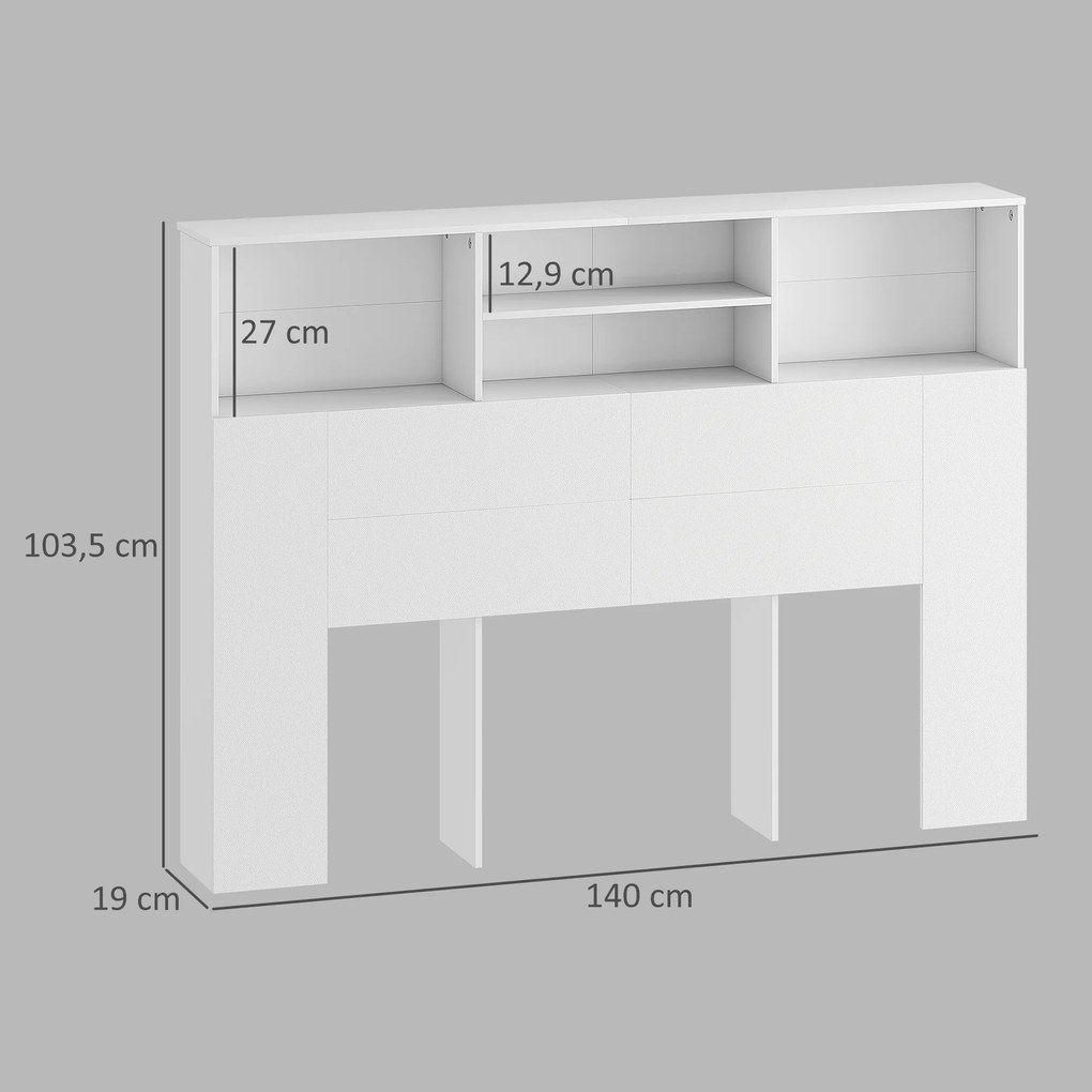 Cabeceira de cama 140 x 19 x 103,5 cm com pés e espaço de arrumação, acessório de cama com 4 compartimentos abertos, branca