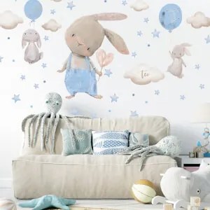 Autocolantes de parede - Autocolantes azuis claros com coelhinhos e estrelas