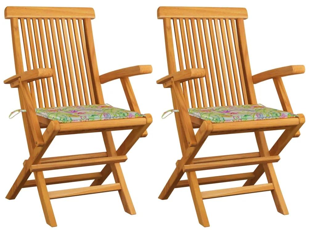 Cadeiras de jardim c/ almofadões padrão de folhas 2 pcs teca