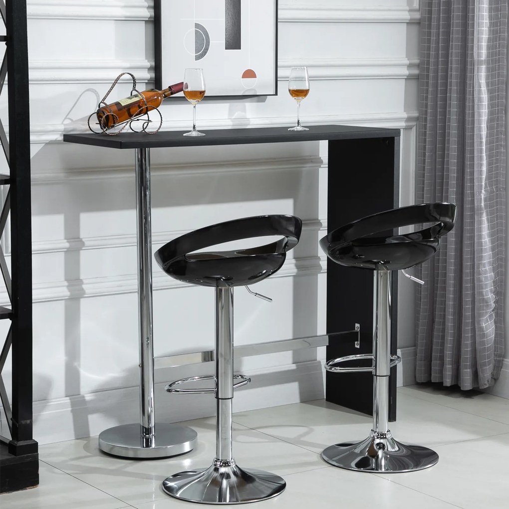Conjunto de 2 bancos de bar com altura ajustável, encosto e apoio para os pés, giratórios a 360°, 46 x 41 x 76–96 cm, preto