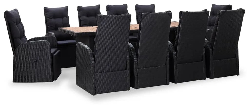 vidaXL 11 pcs conjunto jantar p/ exterior vime e madeira acácia preto
