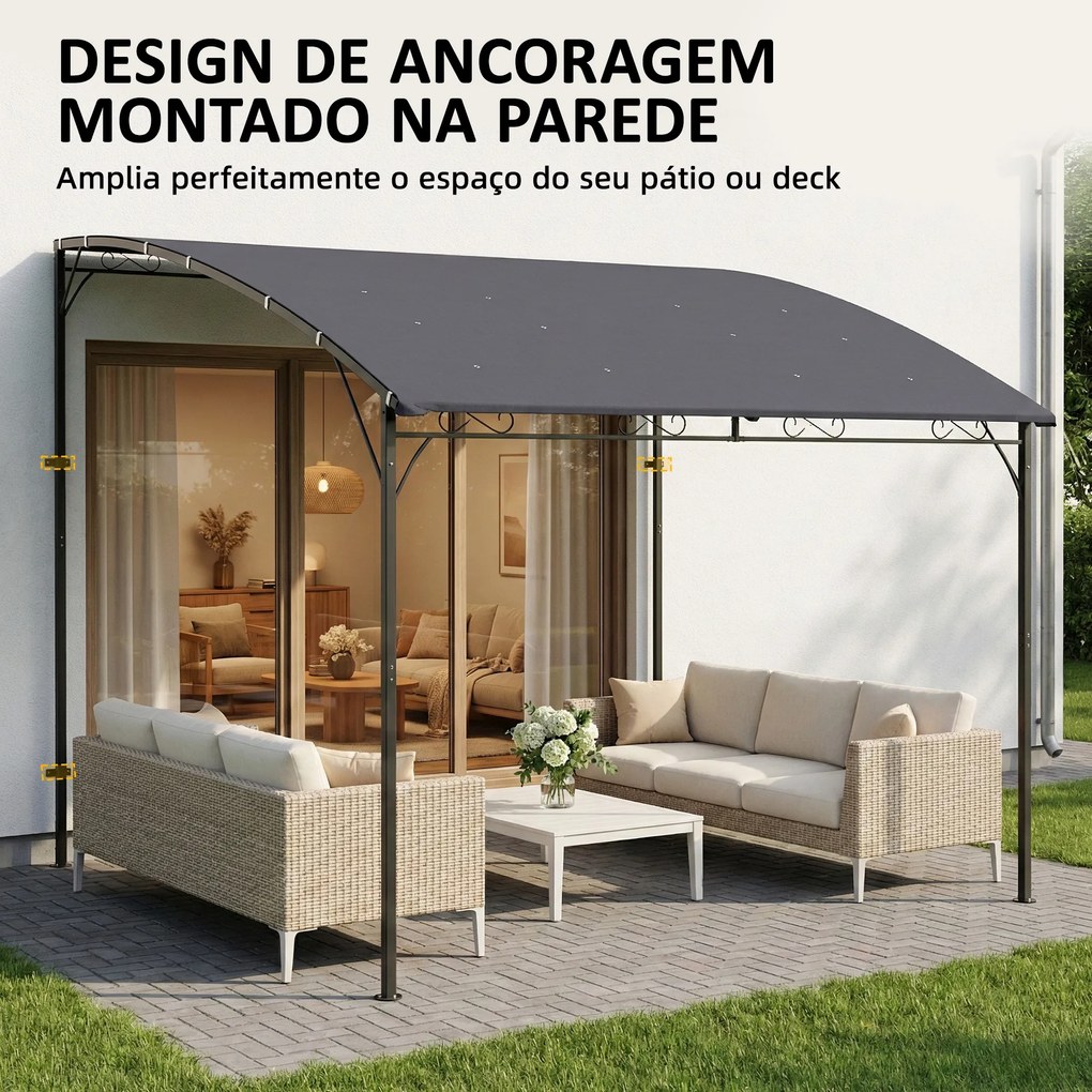 Pérgola de Parede 2,8x3,8 m com Teto Inclinado, Orifícios de Drenagem e Estrutura Metálica Cinzento
