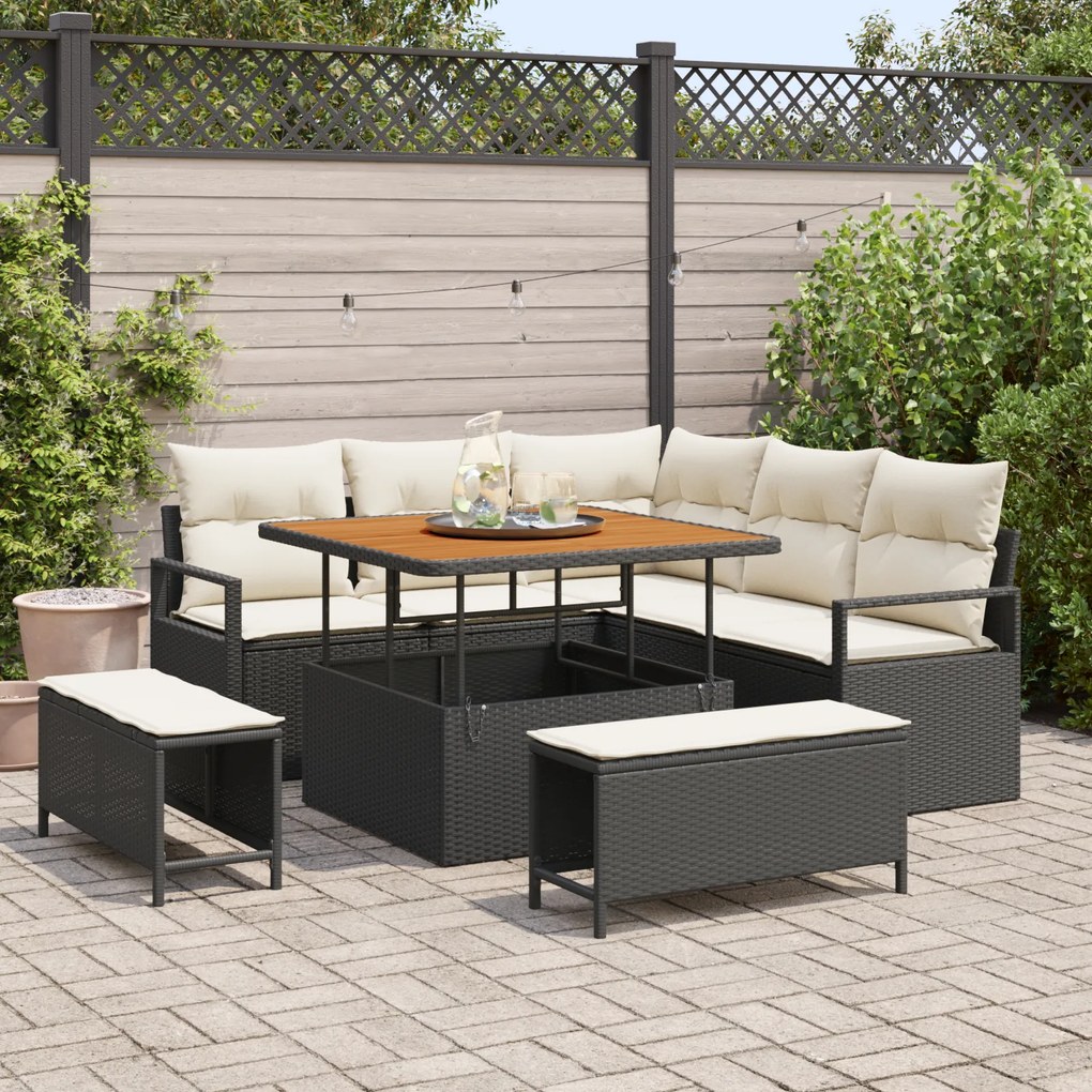 Conjunto de Sofá de 8 Peças para Jardim com Almofadas Preto Rattan Poliéster Acácia