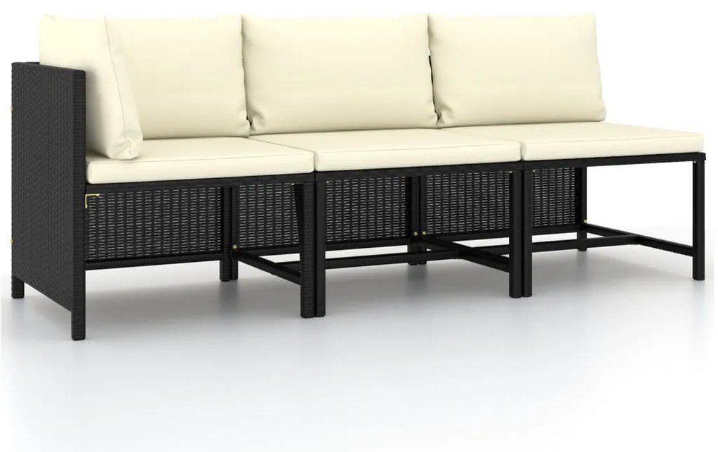 3 pcs conjunto sofás de jardim com almofadões vime PE preto