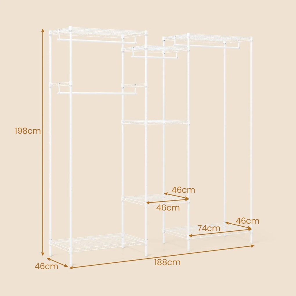 Guarda-roupa aberto portátil 188 x 46 x 198 cm conversível L metálico com 7 prateleiras ajustáveis 4 barras Carga 530 kg Branco