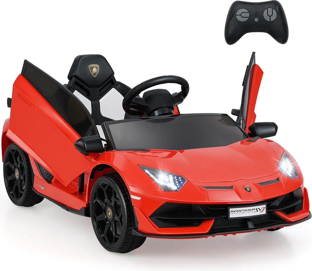 Carro elétrico Lamborghini 12V para crianças com controlo remoto 2,4G e faróis LED 3 a 5km/h Vermelho