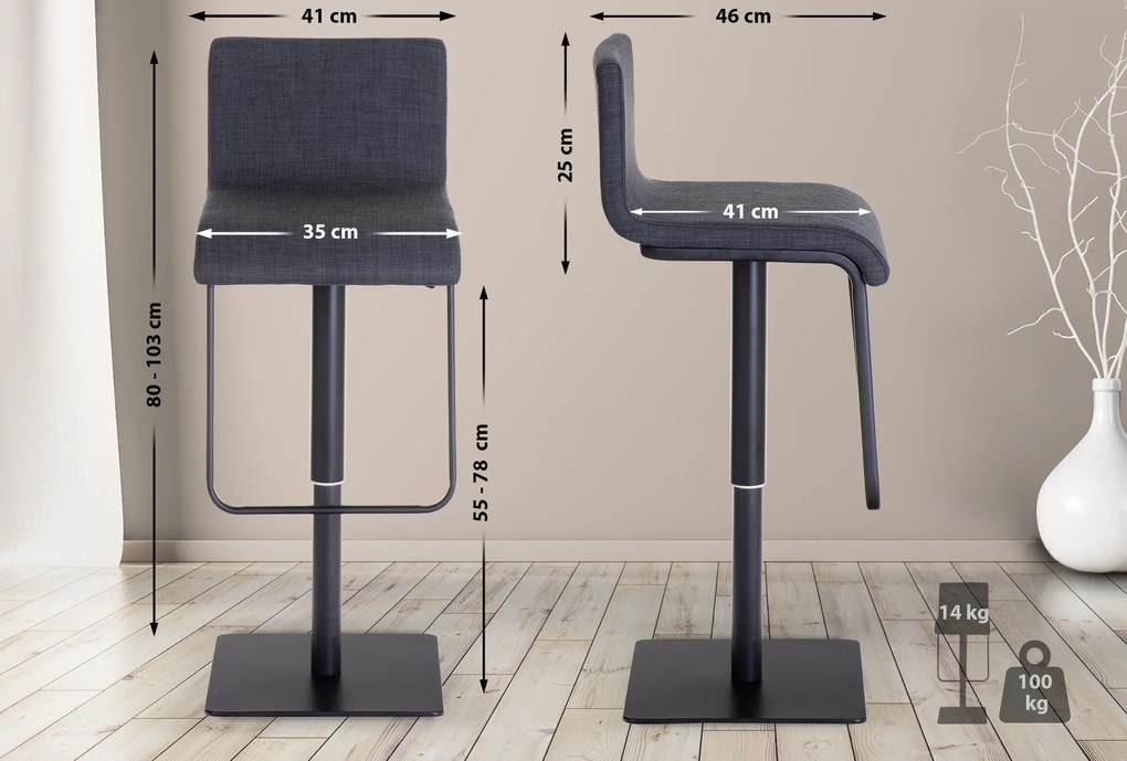 Banco de bar Limon em tecido e com estrutura preta 41 x 80-103 x 46 cm Cinzento escuro