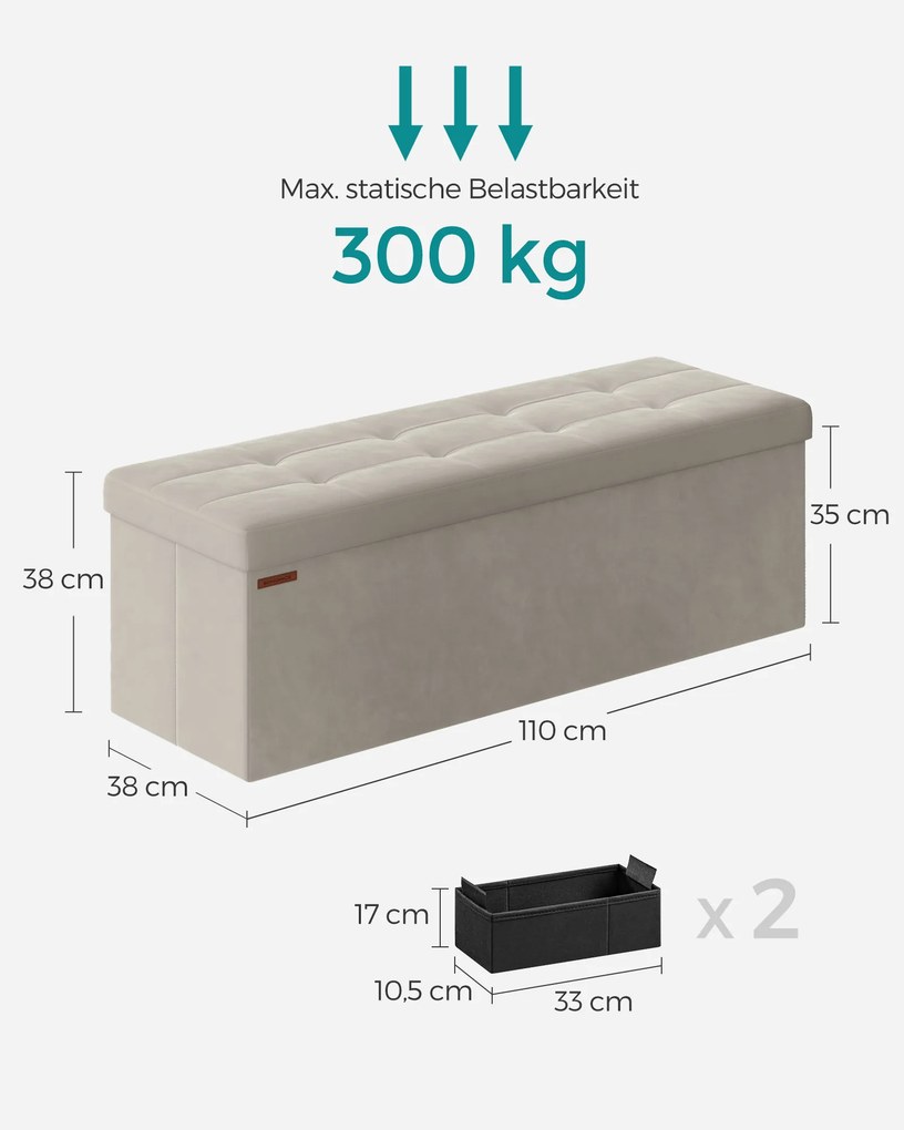 Banco com espaço de arrumação em veludo 38 x 110 x 38 cm creme