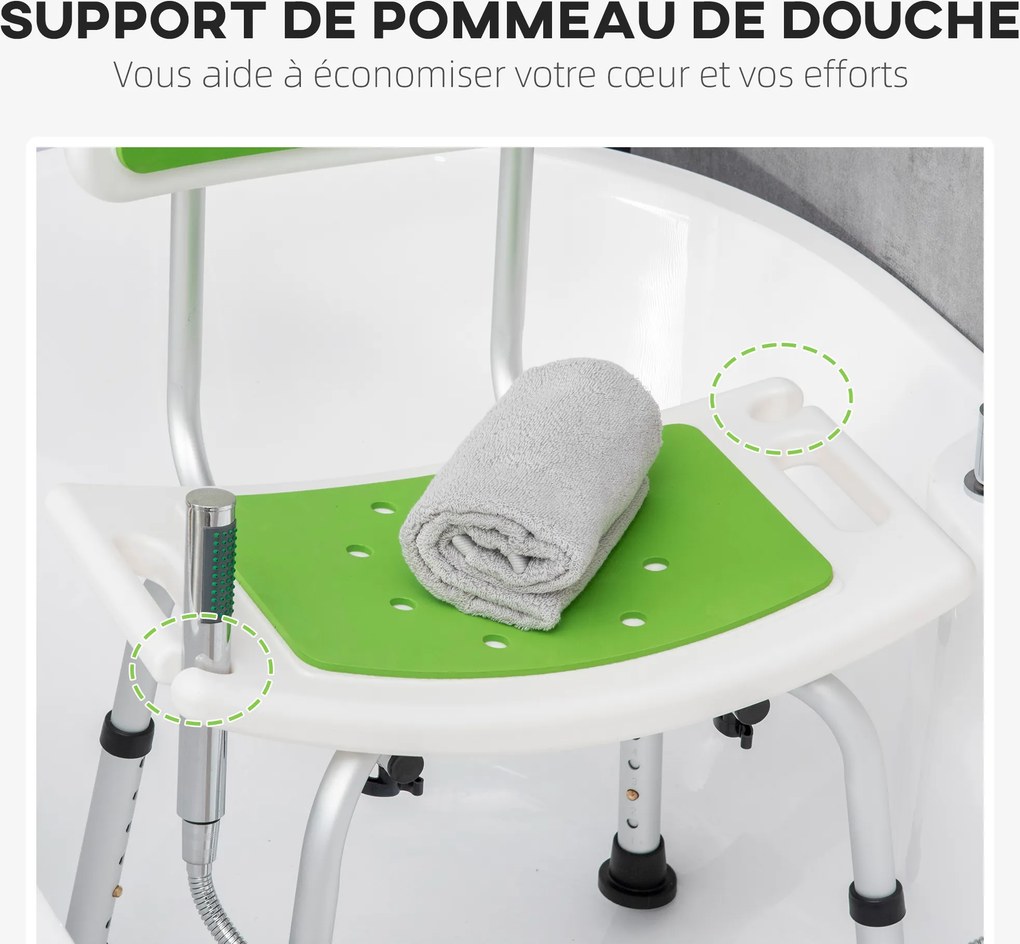 Banco de duche para idosos e pessoas com deficiência, com altura ajustável, pés antiderrapantes e suporte para o chuveiro verde, branco