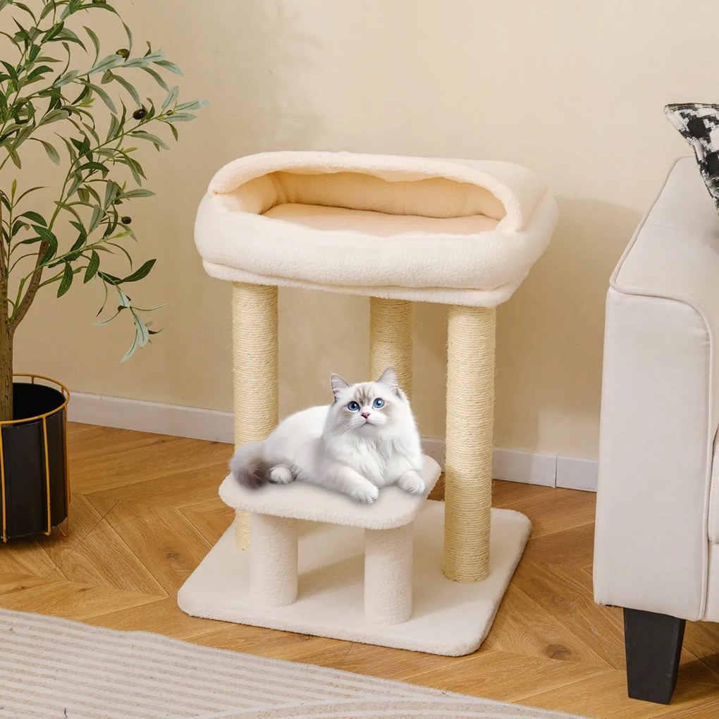 Arranhador para gatos com cama acolchoada, plataforma de salto e postes de sisal para arranhar para espaços pequenos 47,5 x 47,5 x 61 cm Branco