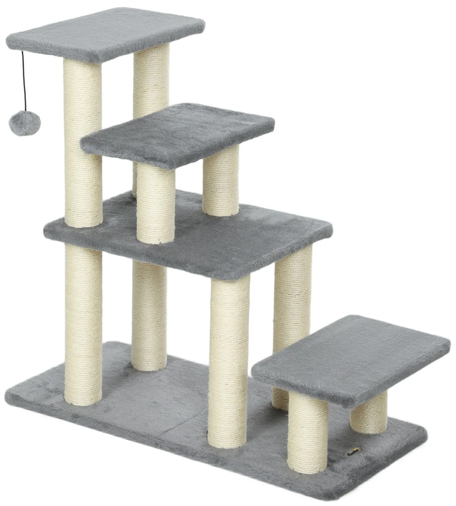 PawHut Escada para Animais Ajustável de 3 ou 4 Degraus com Postes Arranhadores e Bola Suspensa 70x32x68 cm Cinzento | Aosom Portugal