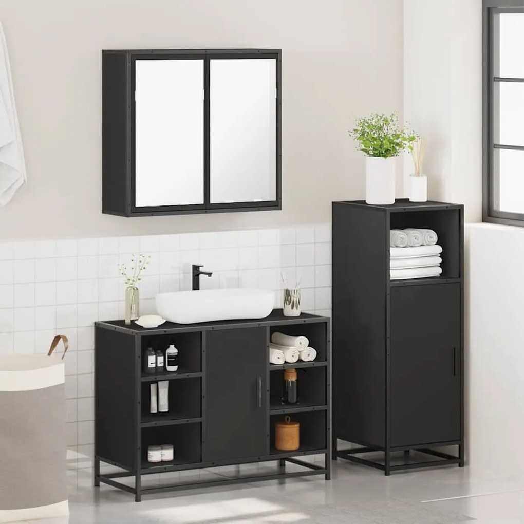 3 pcs conjunto móveis casa de banho derivados de madeira preto