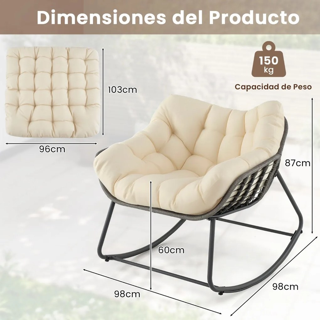 Cadeira de baloiço de rattan para exterior, cadeira de vime em PE com almofada grossa e removível, para sala de estar, varanda e jardim, Cinza misto e