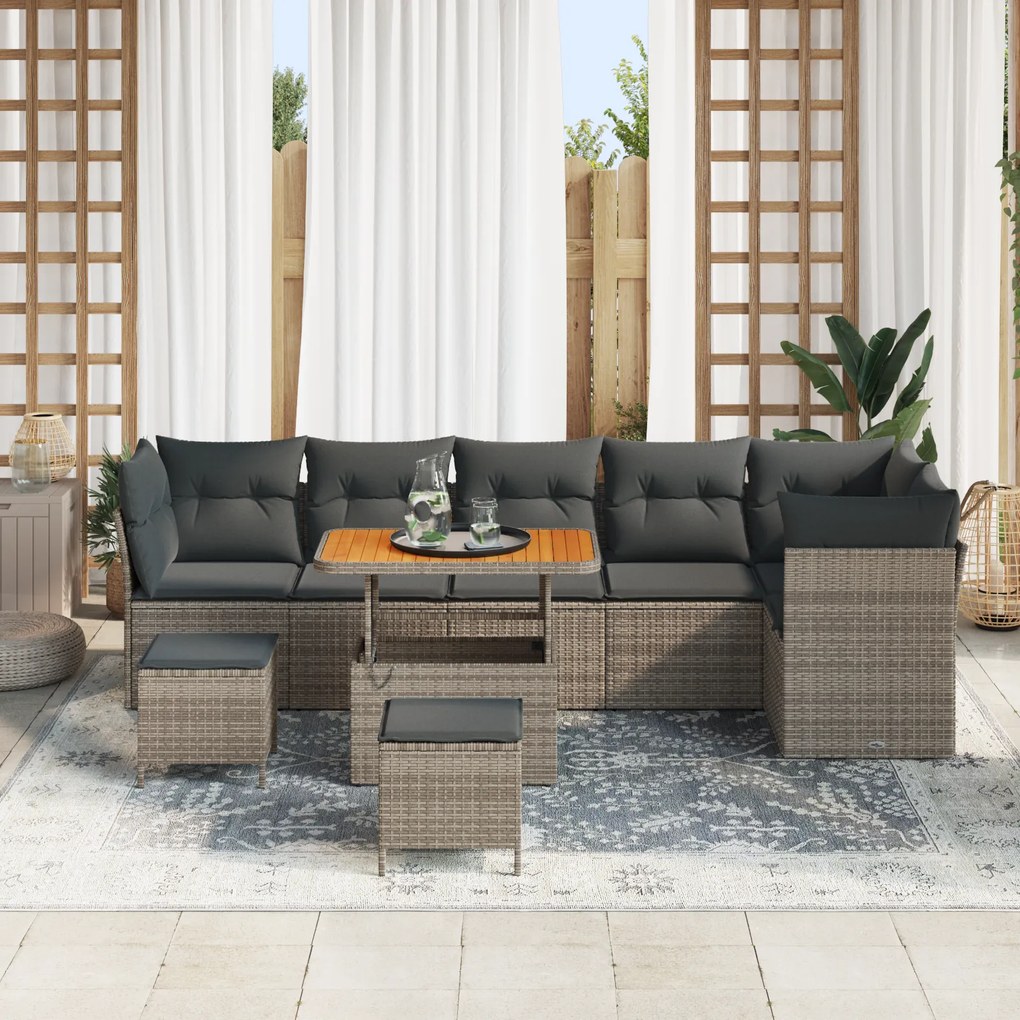 Conjunto de Sofá para Jardim de 9 Peças com Almofadas Cinza Vime PE Ac