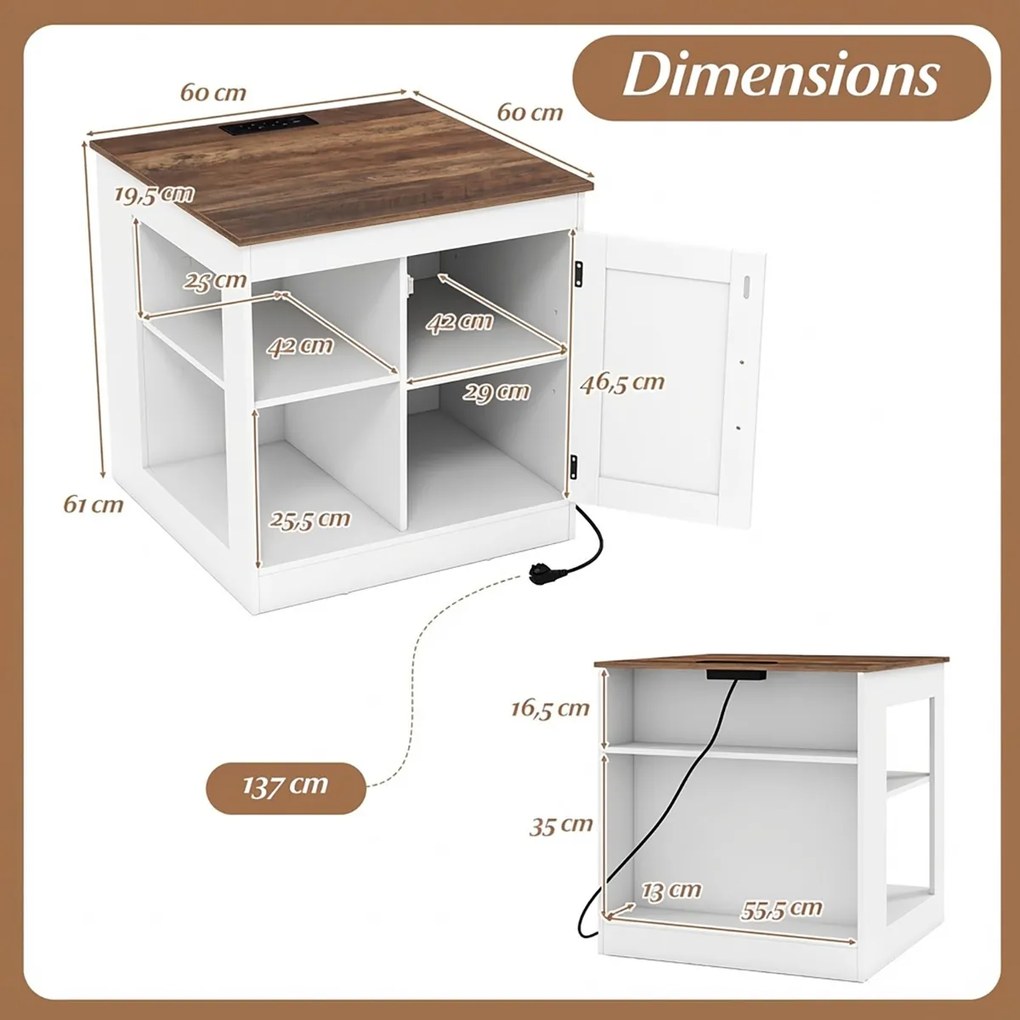 Mesa apoio, mesa cabeçeira Rústica 60 x 60 x 61 cm com Estação de Carregamento, com Porta Deslizante para Quarto e Sala Branco + Natural