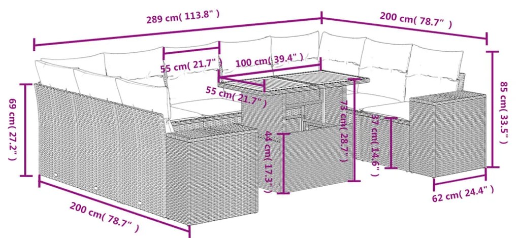 10 pcs conjunto sofás de jardim c/ almofadões vime PE preto