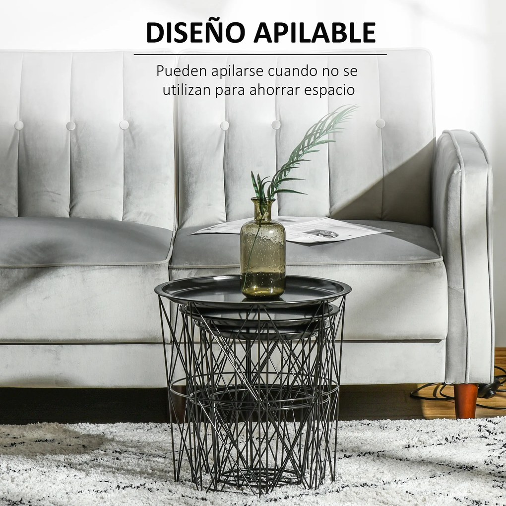 HOMCOM Conjunto de 3 mesas laterais empilháveis Cestos de metal com bandeja removível e espaço de armazenamento Estilo moderno para sala de estar Diâmetro Ø43 Ø35 e Ø30 preto