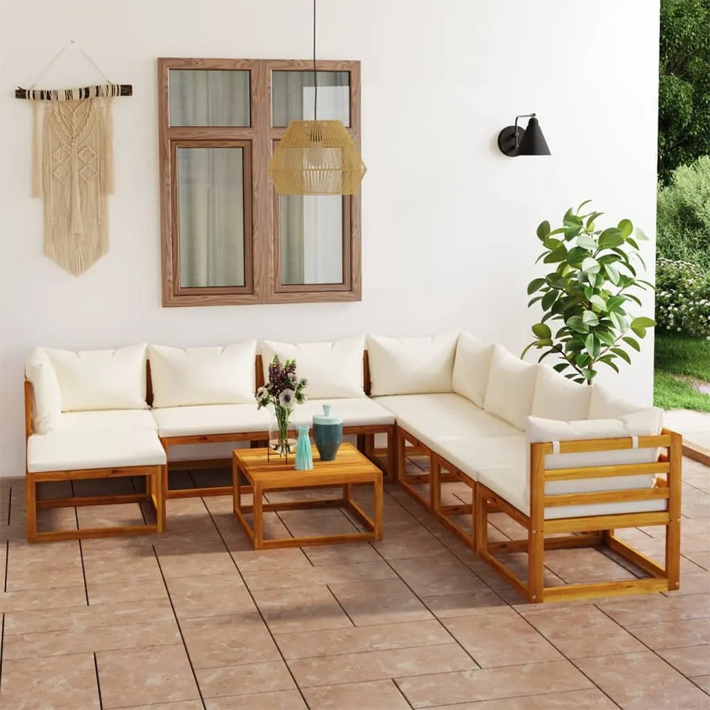 vidaXL 9 pcs conjunto lounge jardim c/ almofadões acácia maciça creme