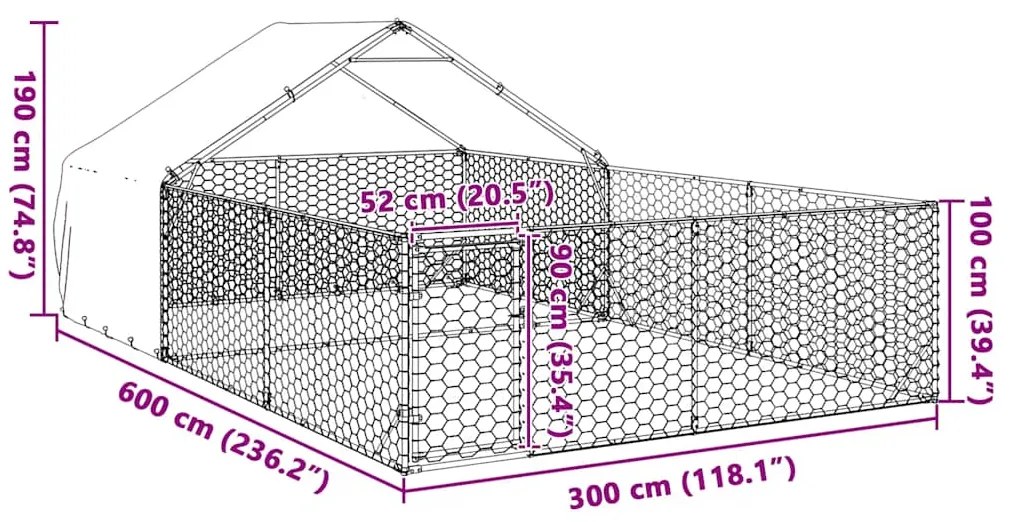 Canil exterior para cães com corredor 6x3x1,9 m aço galvanizado