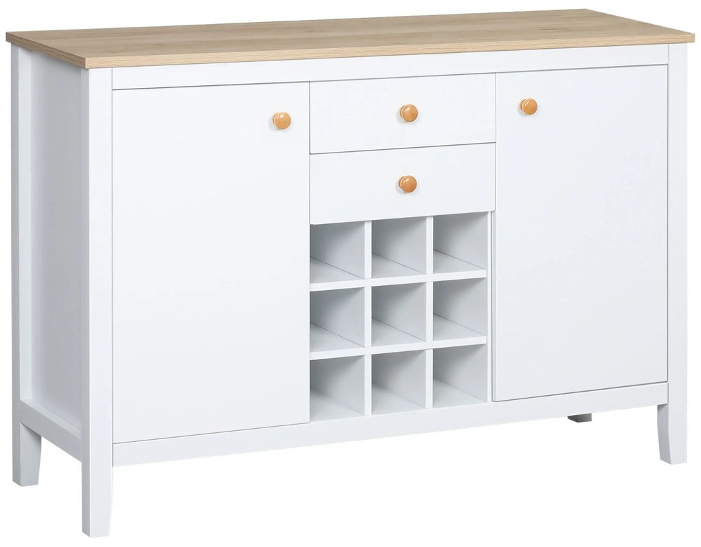HOMCOM Aparador de Cozinha Moderno com 2 Gavetas 2 Armários com Prateleiras Ajustáveis e Suporte para 9 Garrafas Móvel Auxiliar de Armazenamento para Sala de Jantar Sala de Estar 110x35x75cm Branco