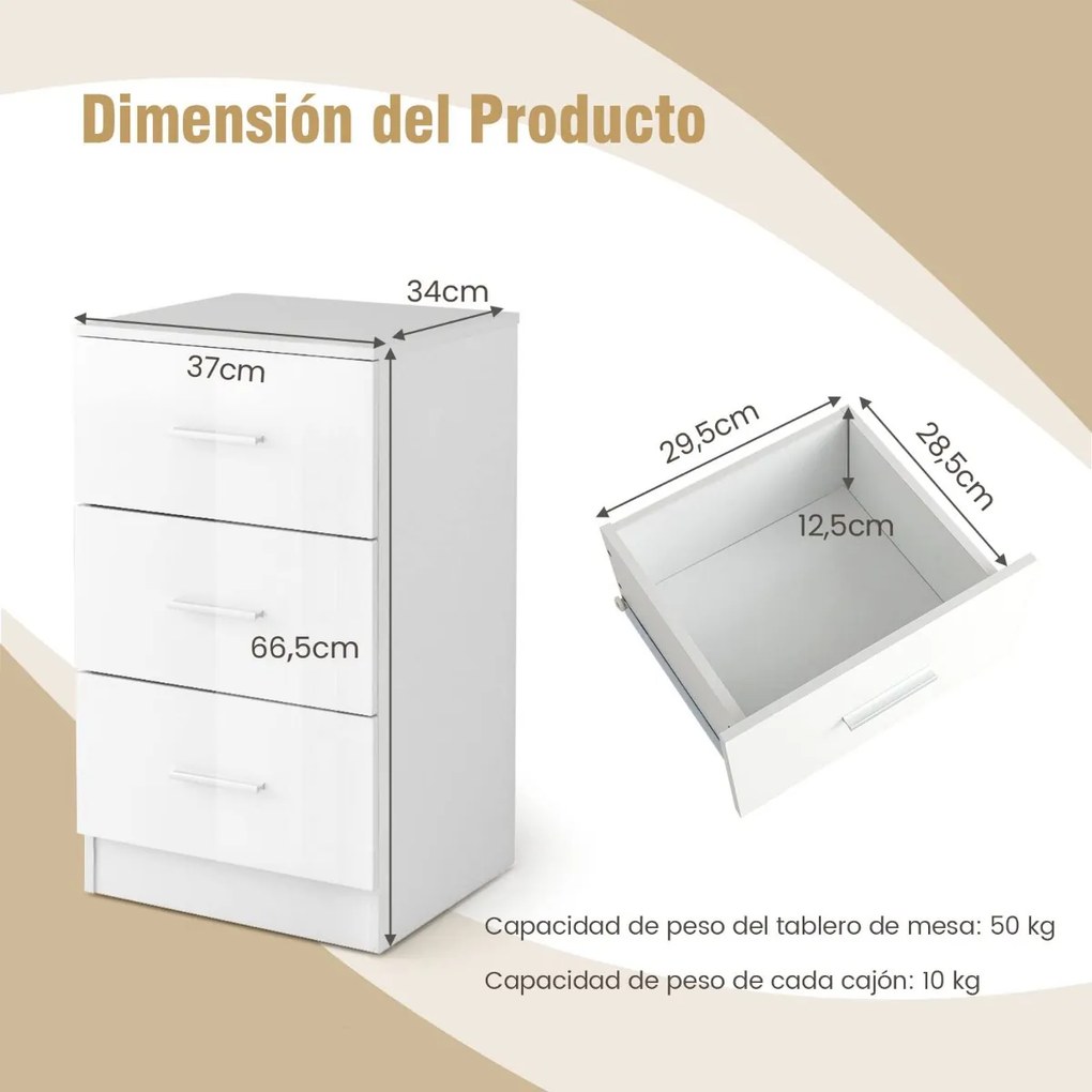 Conjunto de 2 mesas cabeçeira 38 x 35 x 66 cm com estação de carregamento, 3 gavetas brancas