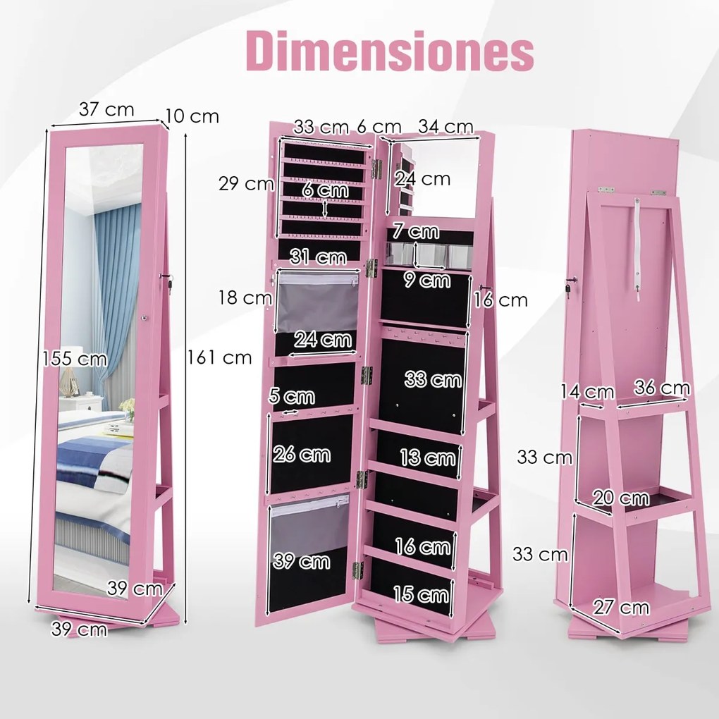 Espelho giratório 360° para joias com espelho de corpo inteiro Organizador de joias com espelho para maquilhagem 39 x 39 x 161 cm Rosa