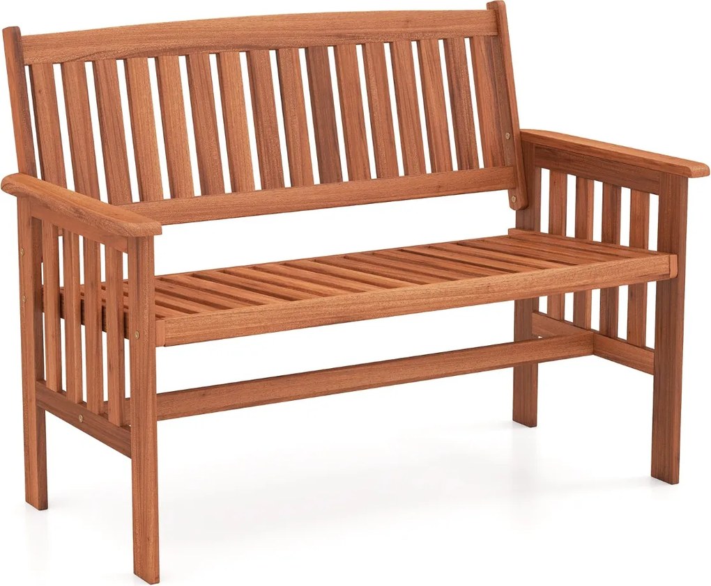 Banco de jardim em madeira para exterior para 2 pessoas, encosto inclinado, braços, assento com ripas, para terraço, pátio ou alpendre, 59,5 x 119 x 8