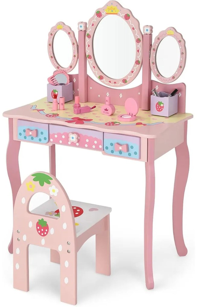 Conjunto de Toucador para Crianças com Mesa e Cadeira Mesa de Maquilhagem 2 em 1 com Espelho Tri-Flex Destacável e Gavetas Princesa Rosa