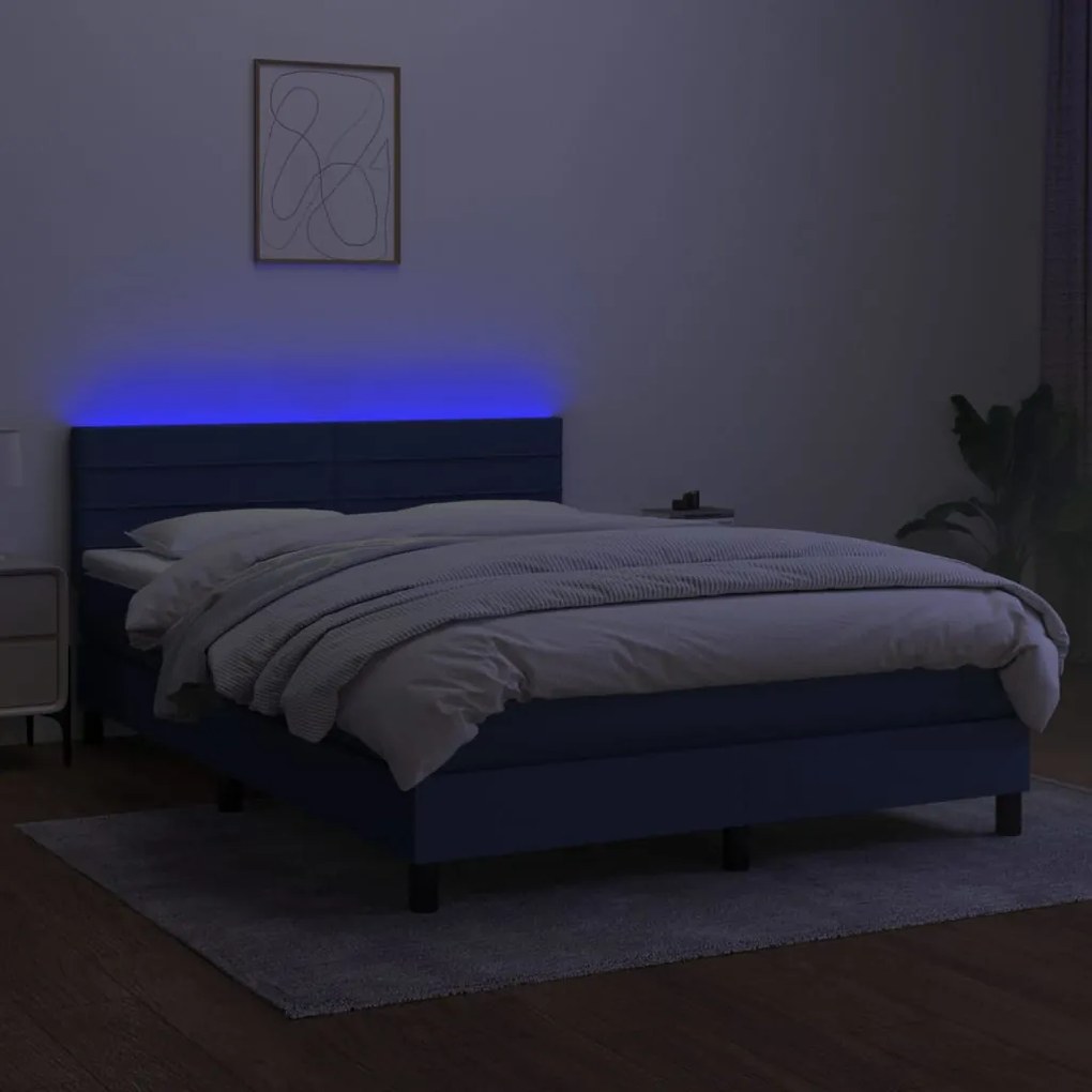 Cama box spring c/ colchão e LED 140x190 cm tecido azul