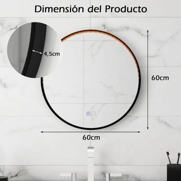 Espelho de banho redondo antiembaciamento LED 60 x 60 cm com função de memória Moldura de alumínio Preto