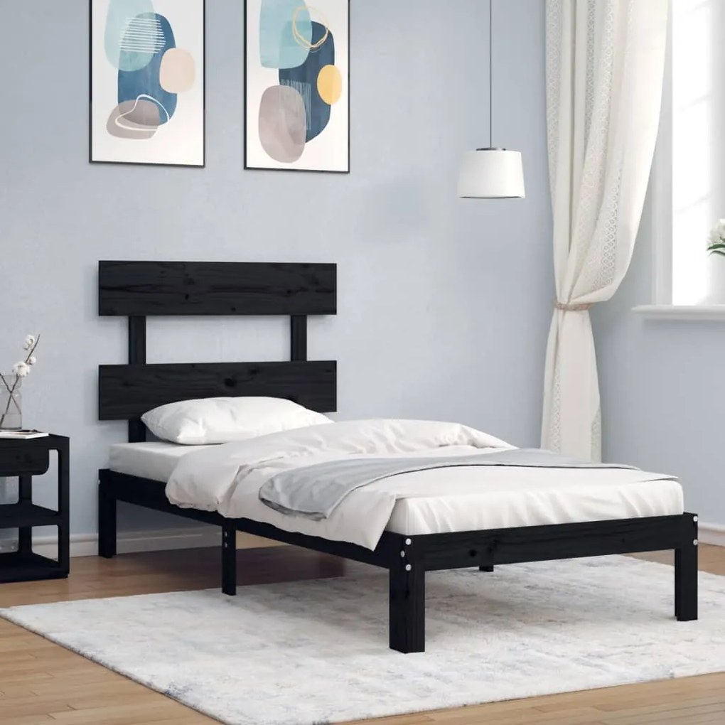 vidaXL Estrutura de cama com cabeceira 90x200 cm madeira maciça preto