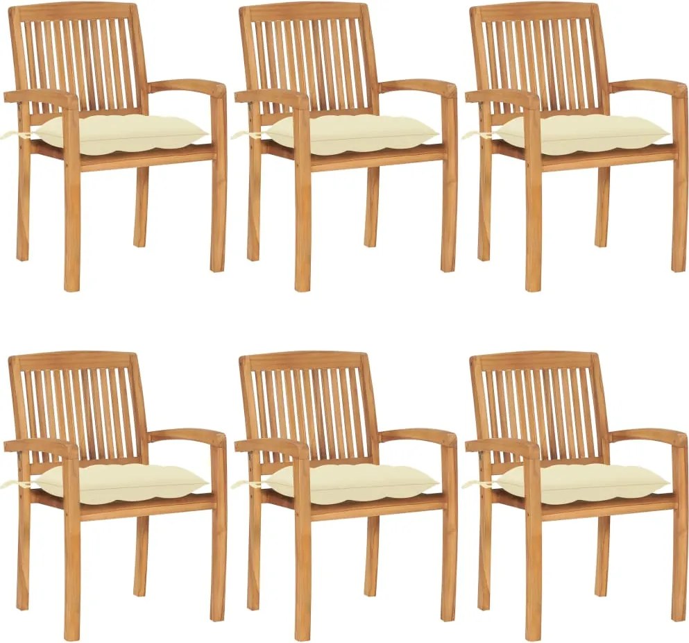 vidaXL Cadeiras de jardim empiháveis c/ almofadões 6 pcs teca maciça