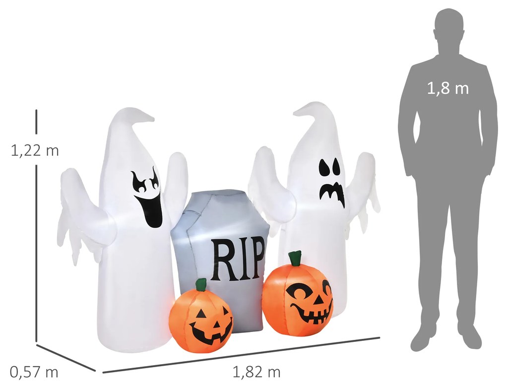 HOMCOM Fantasmas Infláveis de Halloween com Luzes LED Decoração Inflável com Abóbora e Lápida para Interior Exterior 182x57x122cm Multicor