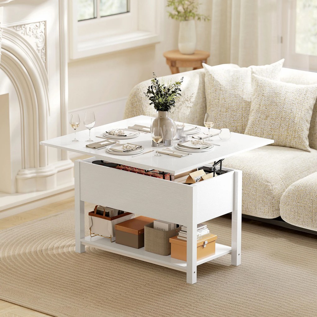 Mesa de Centro Elevável e Extensível, 100 x 90 x 63,5 cm, Tampo Duplo Ajustável, Branca