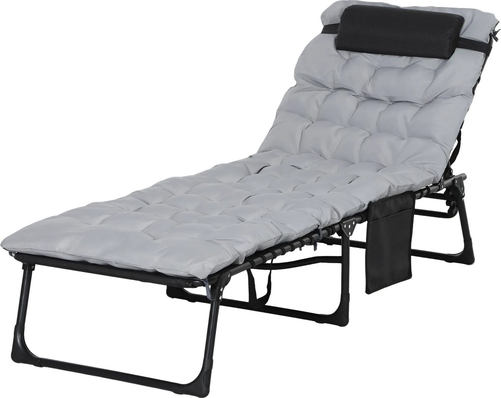 Espreguiçadeira dobrável com almofada, apoio para a cabeça e bolso lateral, reclinável, 58 x 189 x 32,5 cm, cinzento claro