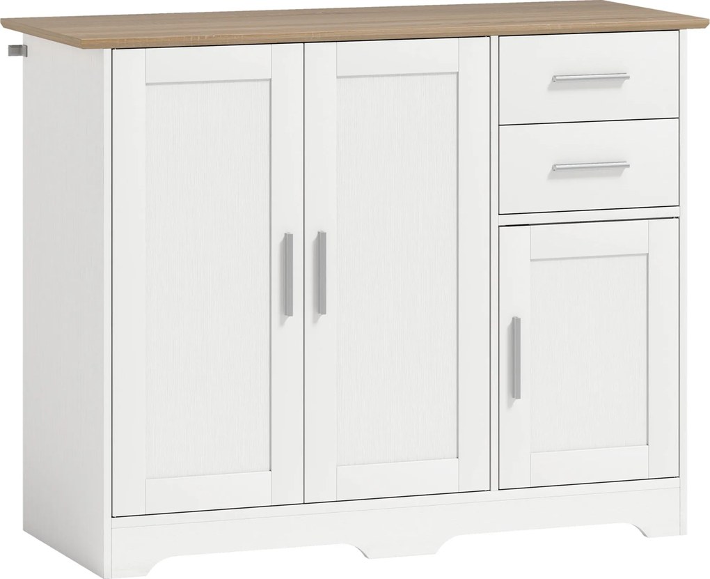HOMCOM Aparador para Sala com 2 Gavetas, Armário de Cozinha com Prateleira Ajustável, 100 x 40 x 78 cm, Branco e Natural | Aosom Portugal