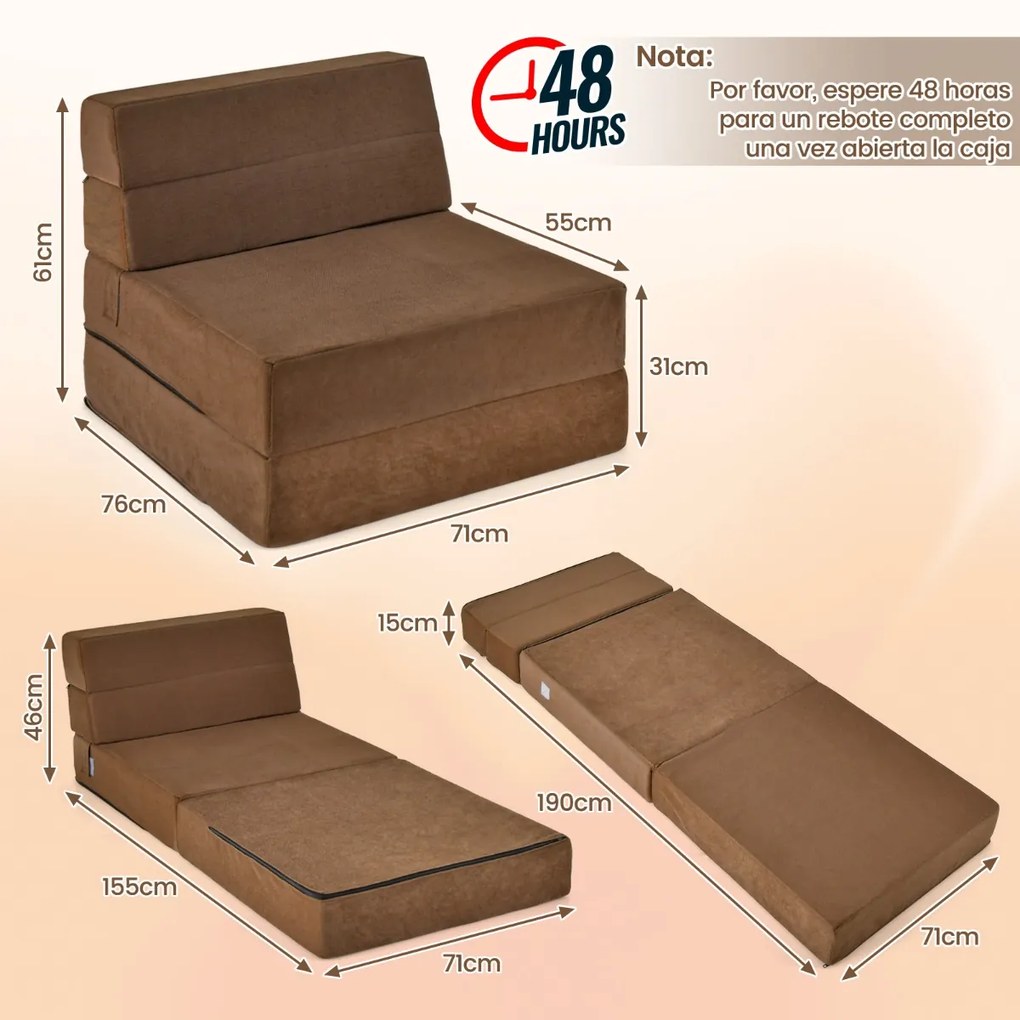Sofá-cama dobrável 3 em 1 Capa amovível e lavável Cama de hóspedes portátil 190 x 71 x 15 cm Castanho