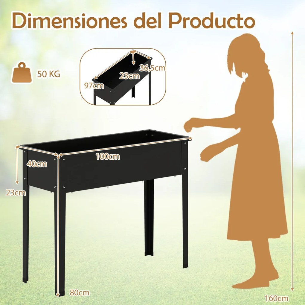 Floreira metálico elevado com pés Caixa de jardinagem 100 x 40 x 80 cm Preto