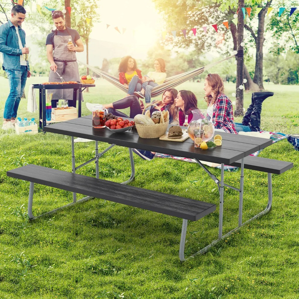 Mesa de piquenique dobrável de 183 cm para 8 pessoas com 2 bancos Estrutura metálica Furo para guarda-sol Preta