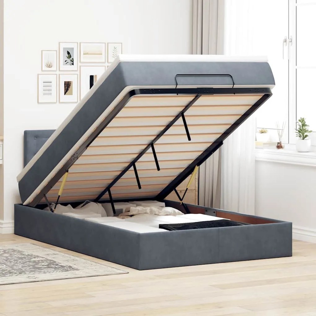 Cama otomana com colchão &amp; LEDs 120x190cm veludo cinza-escuro