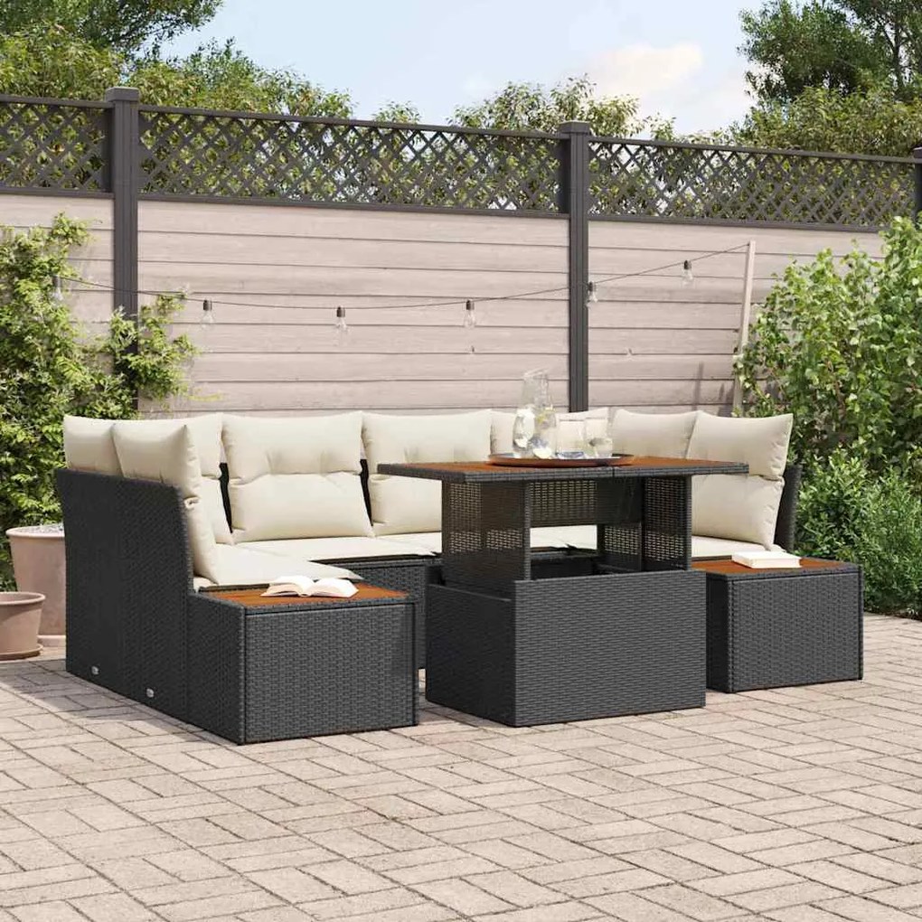 Conjunto de Jantar de Jardim 7 Peças com Almofadas de Rattan Preto e A