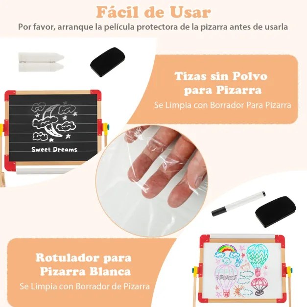 Cavalete Quadro de madeira para crianças 3 em 1, quadro branco giratório de dupla face, bandeja de desenho para crianças de mais de 3 anos