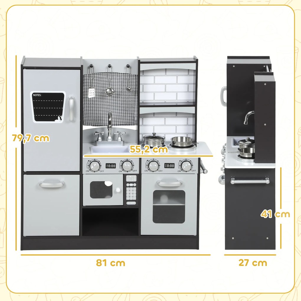 Cozinha de Madeira com Som Cozinha de Brincar Infantil com Acessórios em Aço Inoxidável Frigorífico Micro-Ondas, Lava-Loiça 81x27x79,7 cm Castanho Esc