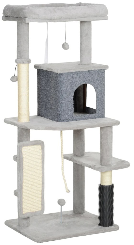 PawHut Arranhador para Gatos Grande Altura 132 cm com Plataformas Postes com Escova Bolas Suspensas e Almofadas para Arranhar Cinza