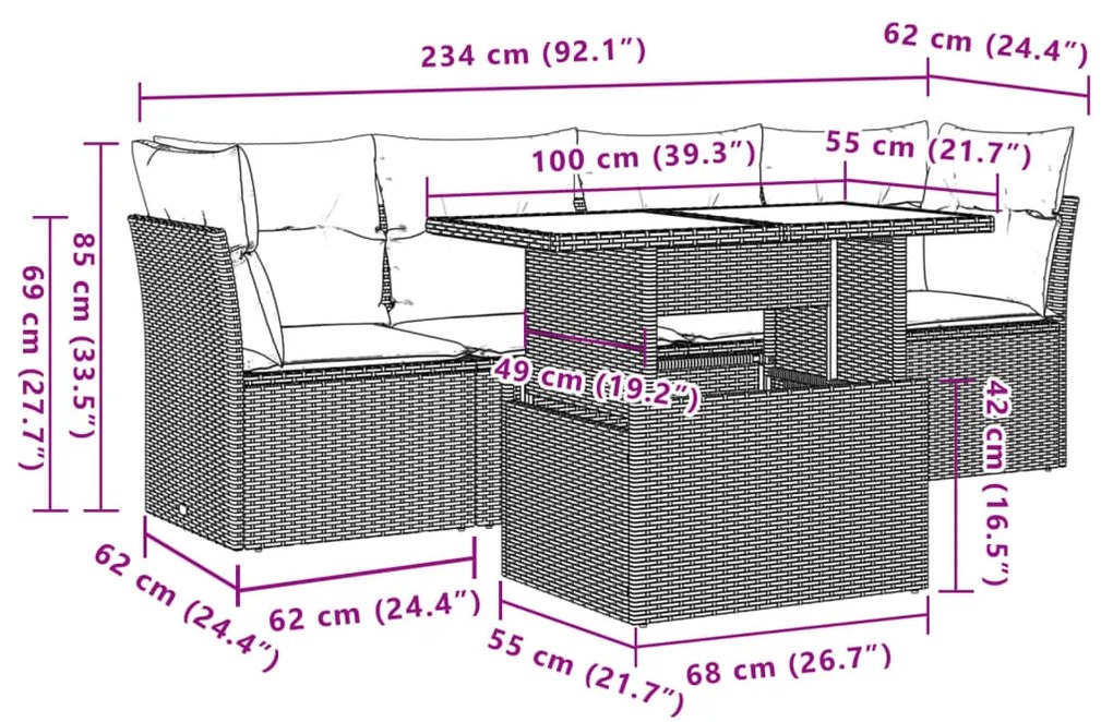 5 pcs conj. sofás jardim c/ almofadões vime PE cinzento-claro