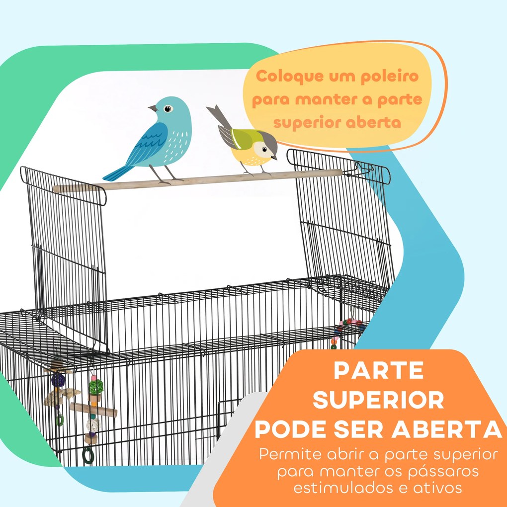Gaiola para Pássaros com Rodas Comedouros Poleiros Prateleira Inferior Bandeja Removível 97x58x160 cm Preto